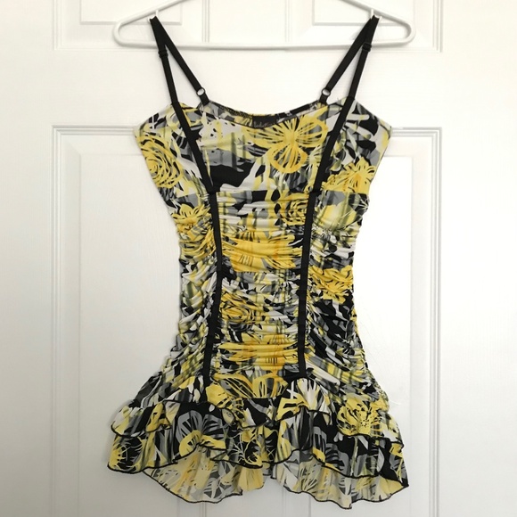 Rare Y2K Seduction Ruched Spaghetti Strap Top XS/S Fit Ruffle Hem Yellow Black - Picture 1 of 10